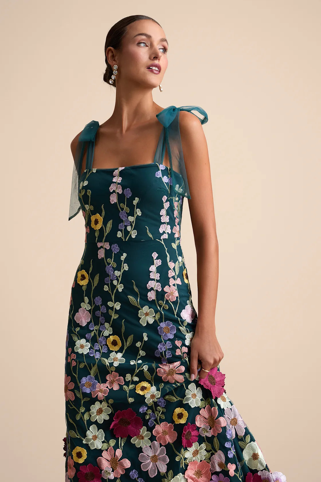 Thriving Poise Teal 3D Floral Embroidered Tie-Strap Maxi Dress