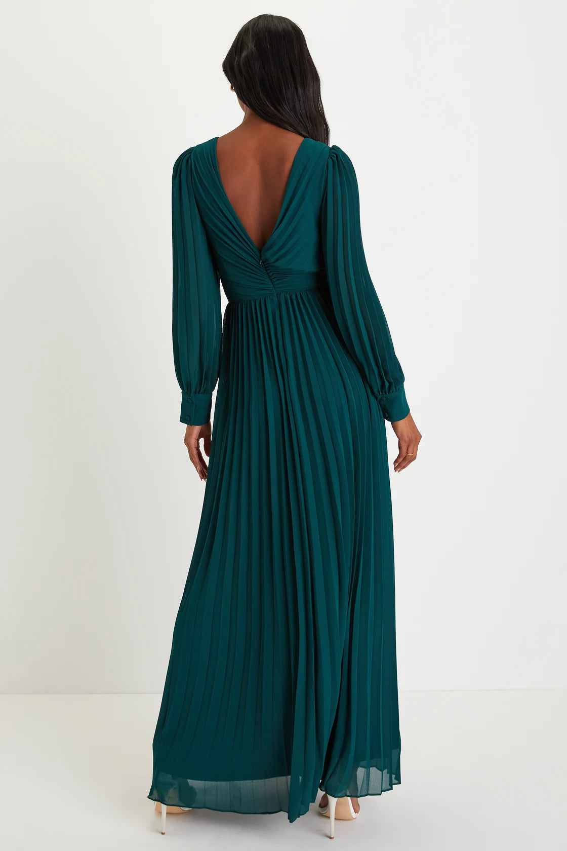 Sophisticated Grace Slate Blue Pleated Long Sleeve Maxi Dress