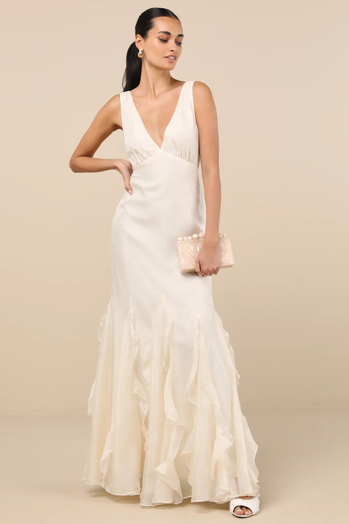 Deluca Ivory Sleeveless Ruffled Maxi Dress