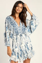 Roamin' Holiday Blue and White Print Mini Dress