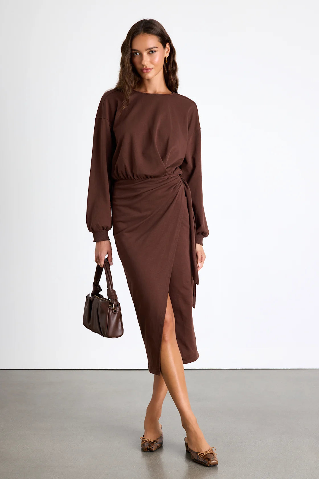 Eunia Charcoal Grey Jersey Knit Long Sleeve Wrap Midi Dress