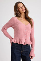 Midge Pink Ribbed Knit Ruffled Cardigan