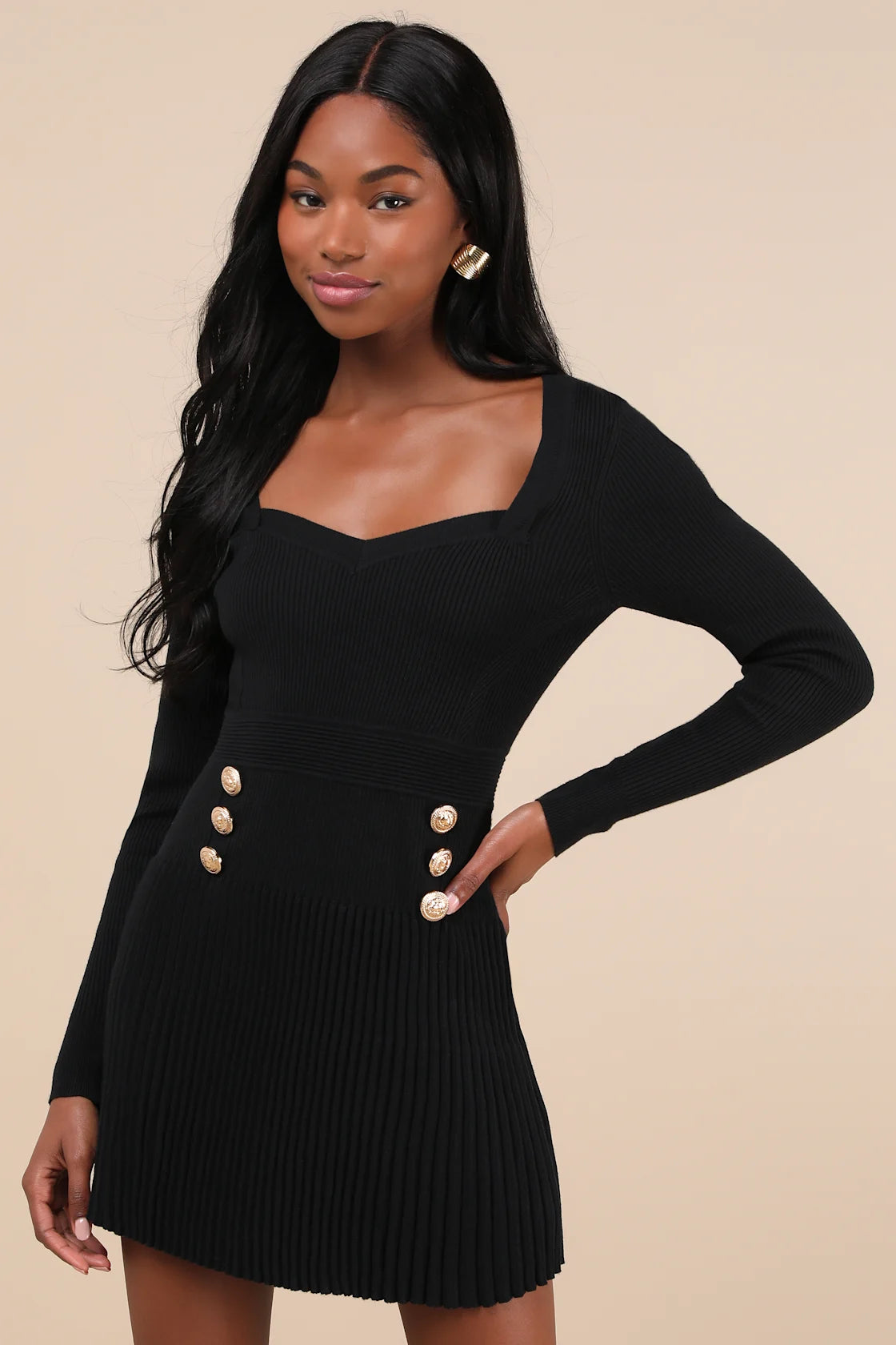 Chicest Crush Black Ribbed Long Sleeve Mini Sweater Dress