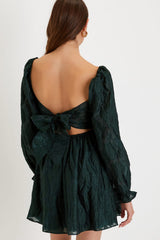 Darling Persona Emerald Green Jacquard Puff Sleeve Mini Dress