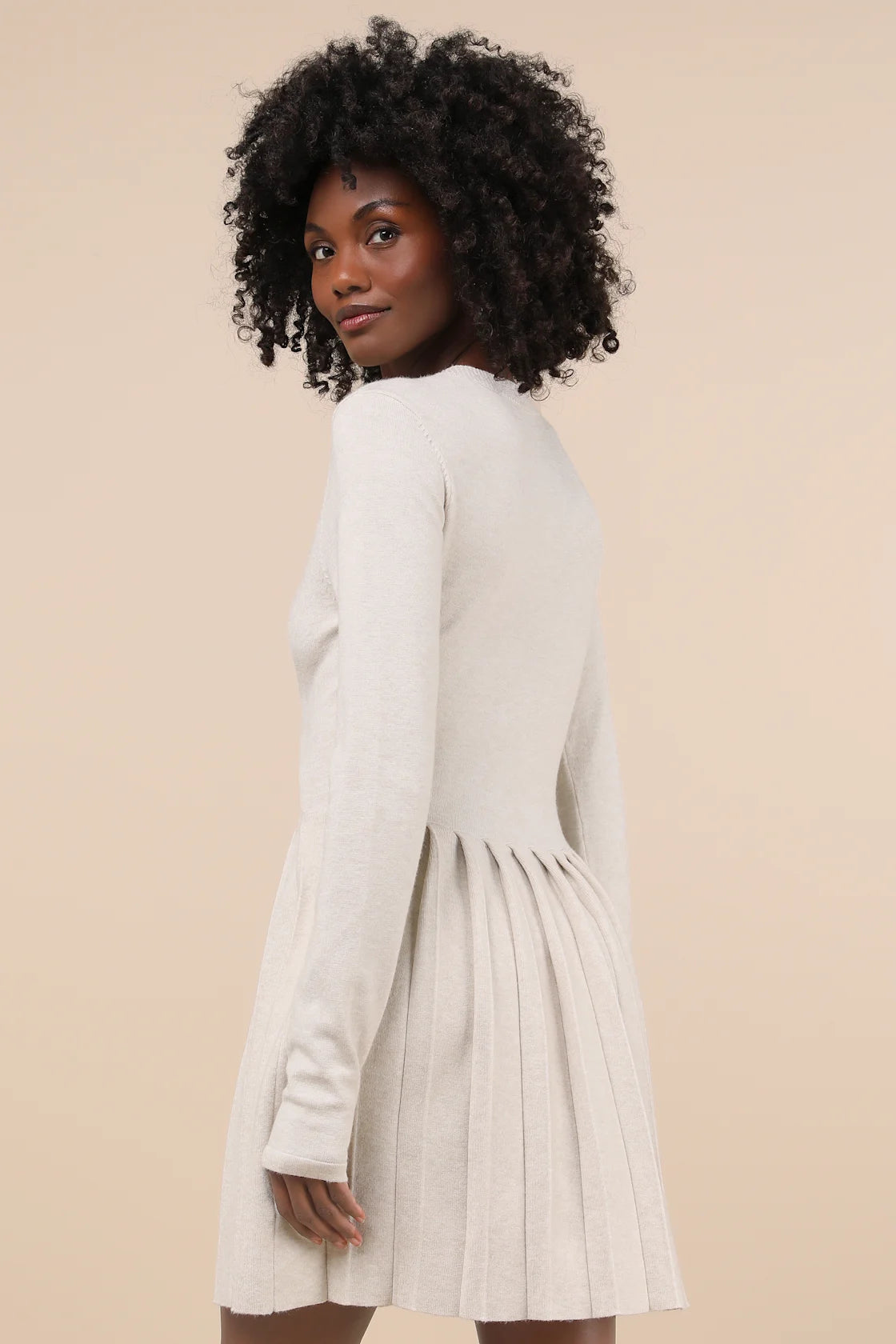 Beyond Sweet Heathered Beige Pearl Pleated Mini Sweater Dress