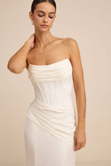 Claudette White Satin Strapless Bustier Maxi Dress