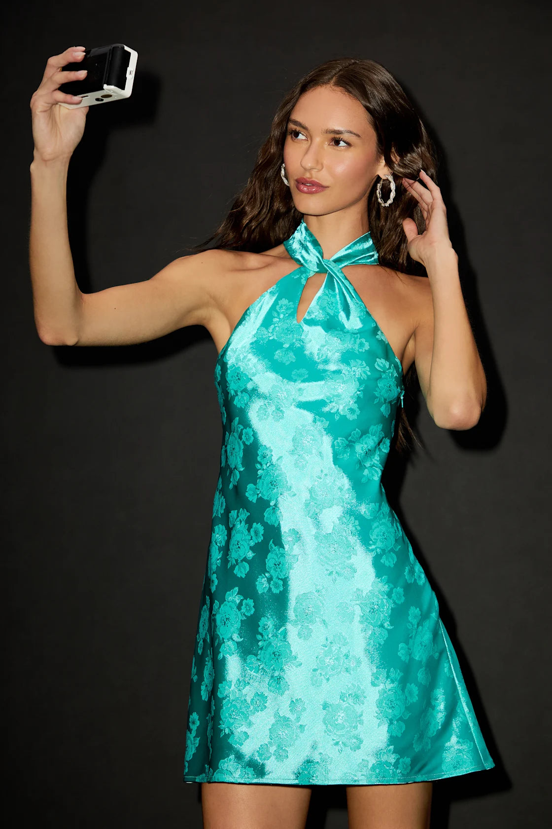 Got the Key Rust Satin Floral Jacquard Halter Mini Dress