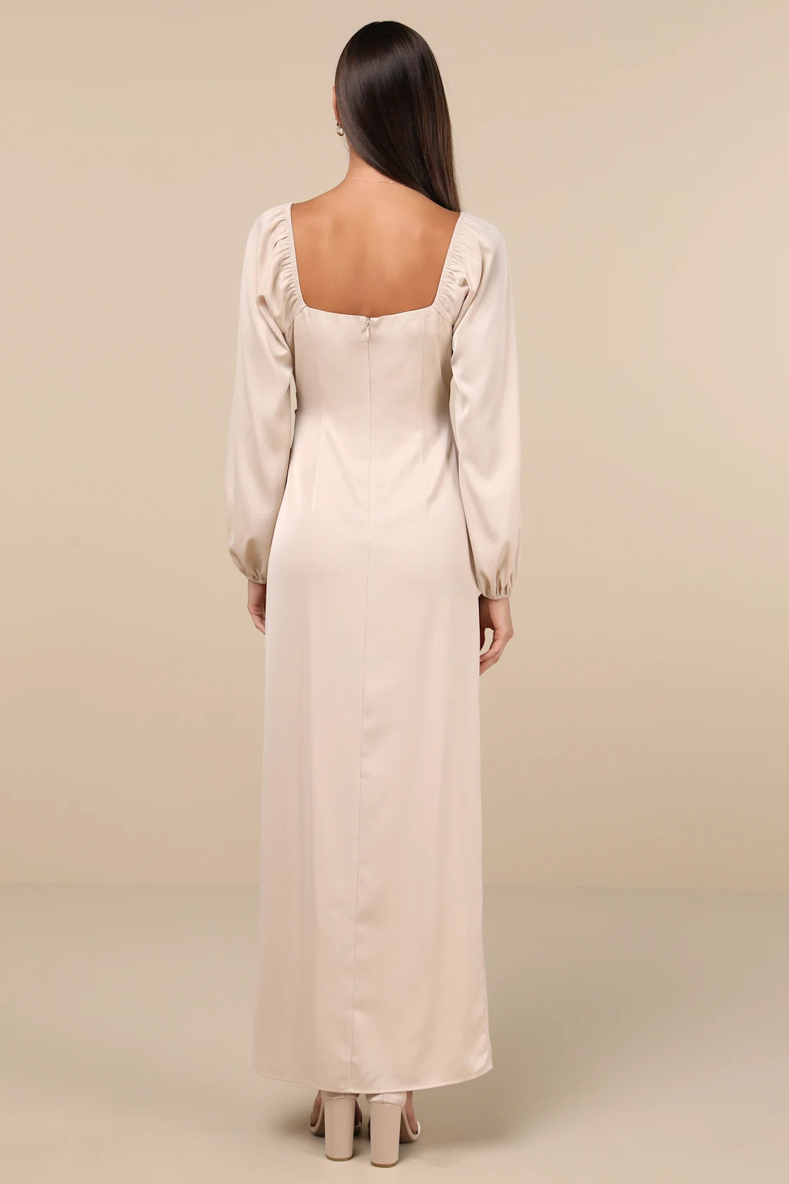 Eternal Heart Champagne Satin Long Sleeve Maxi Dress