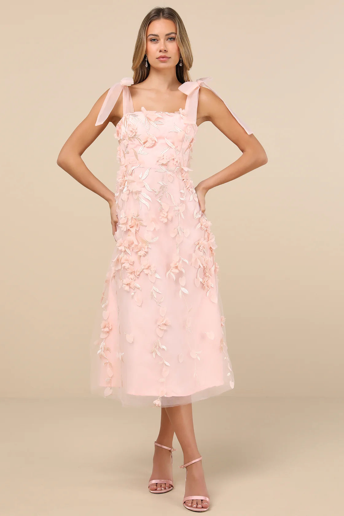 Effortlessly Sweet Blush Tulle 3D Floral Tie-Strap Midi Dress