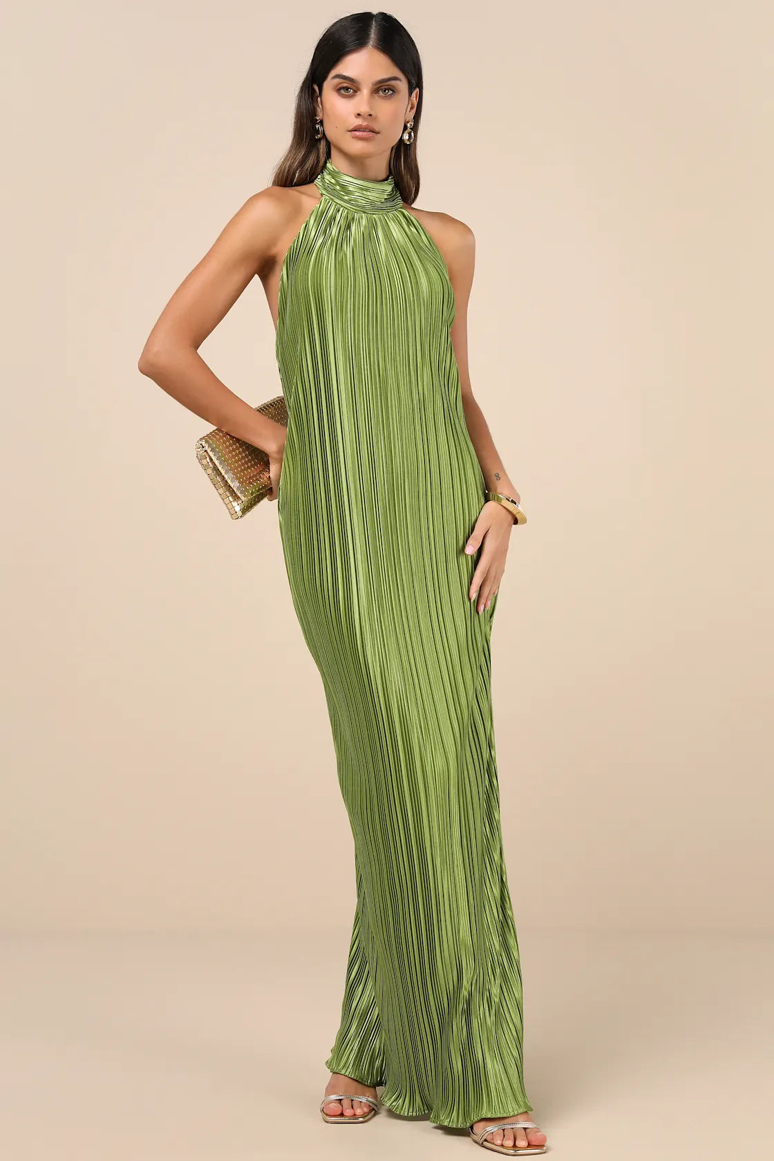 Gwenny Lime Green Satin Plisse Maxi Dress