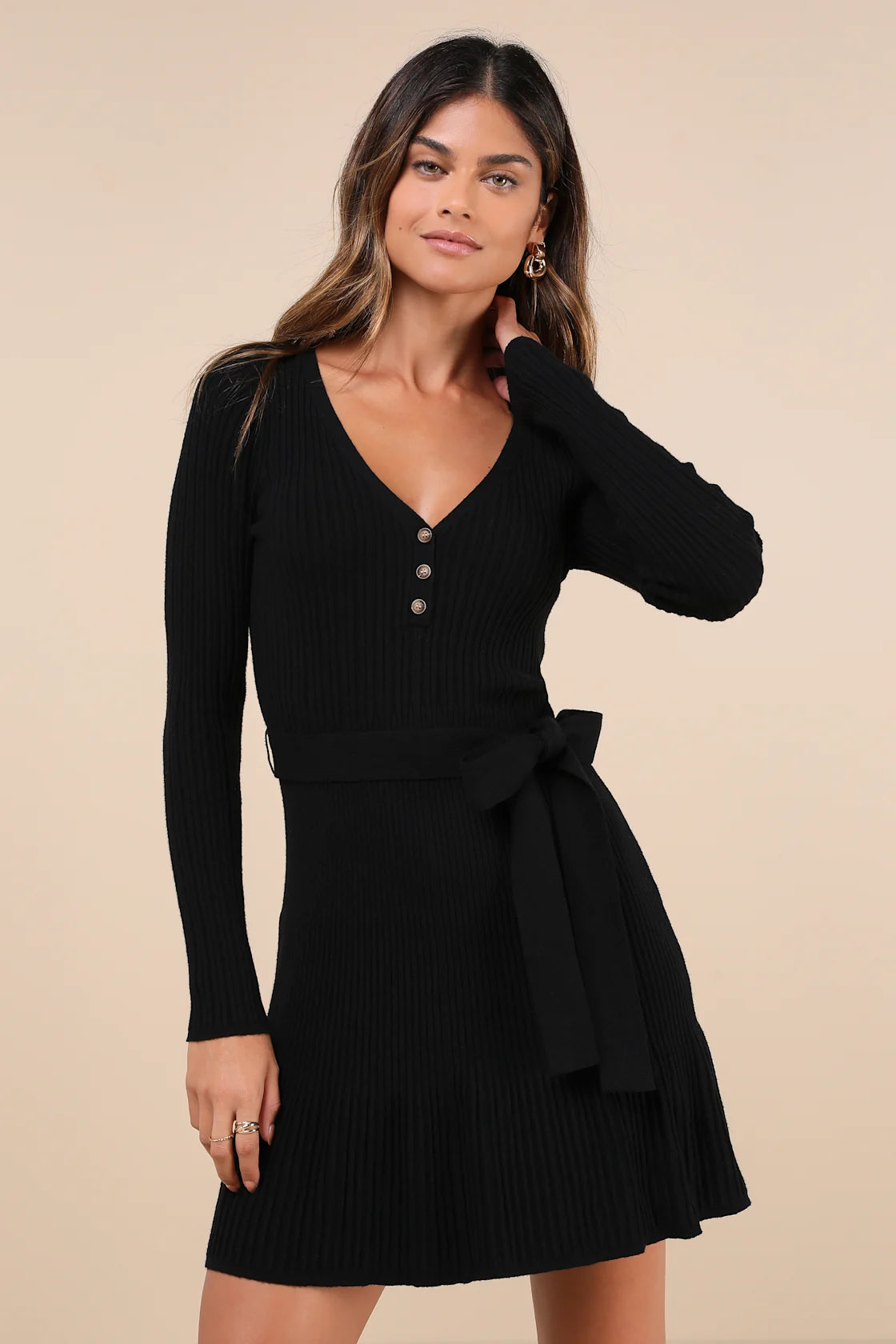 Cozy Poise Beige Henley Long Sleeve Mini Sweater Dress
