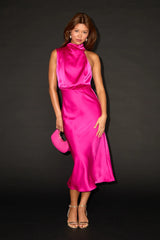 Distinctive Brown Satin Asymmetrical Midi Dress