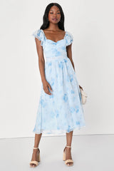 Loveliest Darling Light Green Floral Ruffled Tie-Back Midi Dress