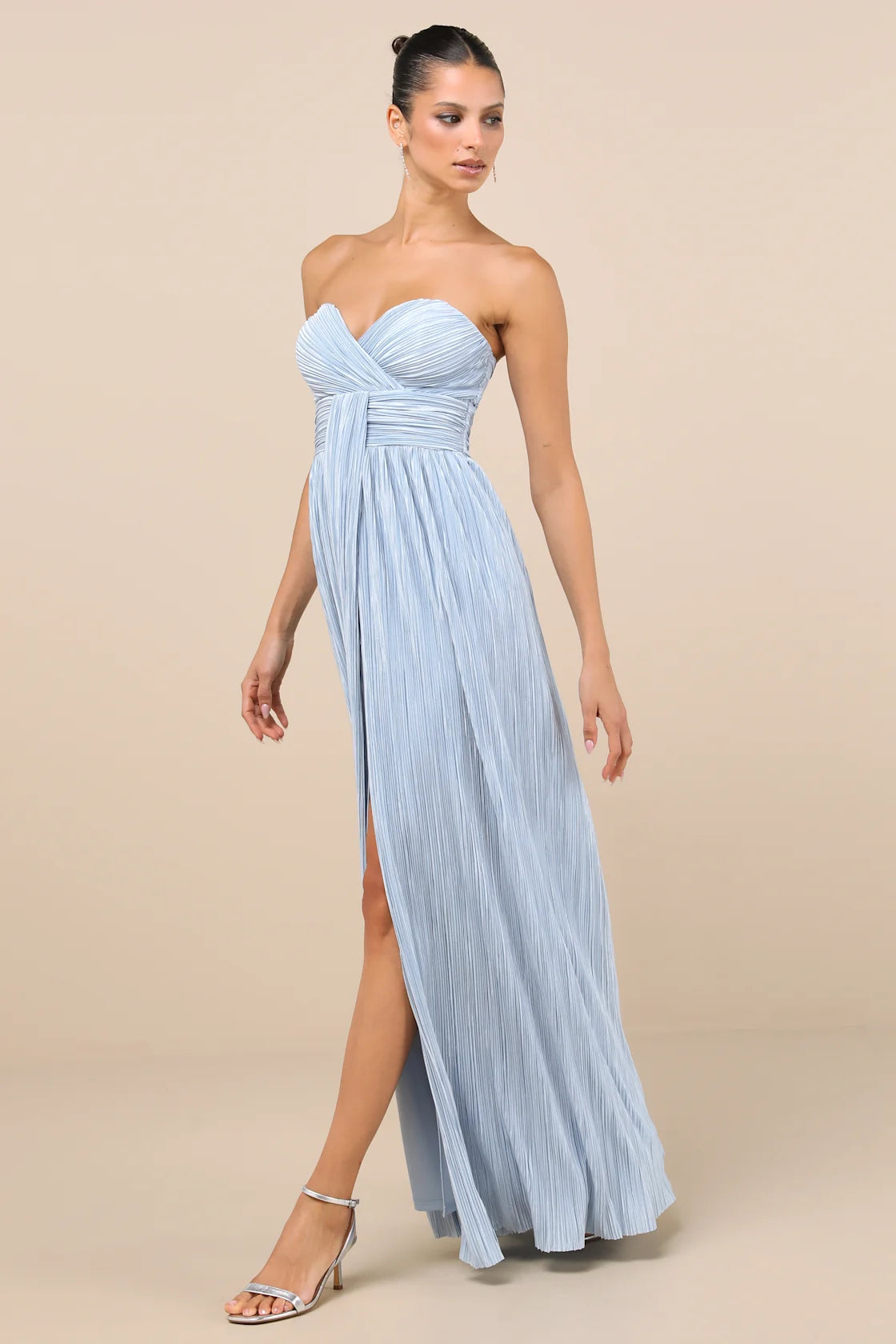 Oswin Navy Satin Plisse Strapless Maxi Dress