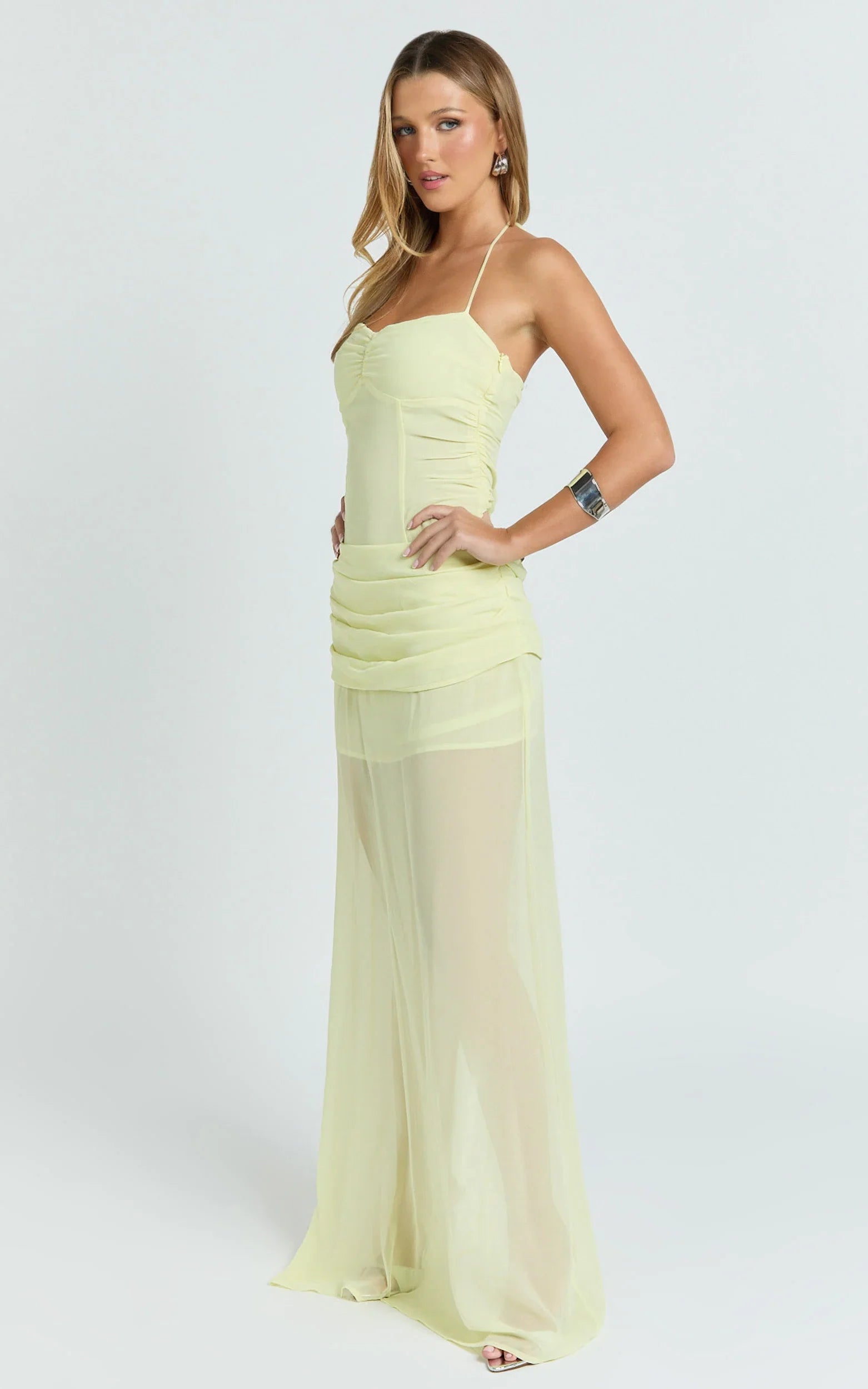 Hudgens Maxi Dress - Georgette Halter Draped Skirt Dress in Lemon