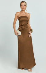 Laurie Maxi Dress - Strapless Draped Satin Dress in Chocolate