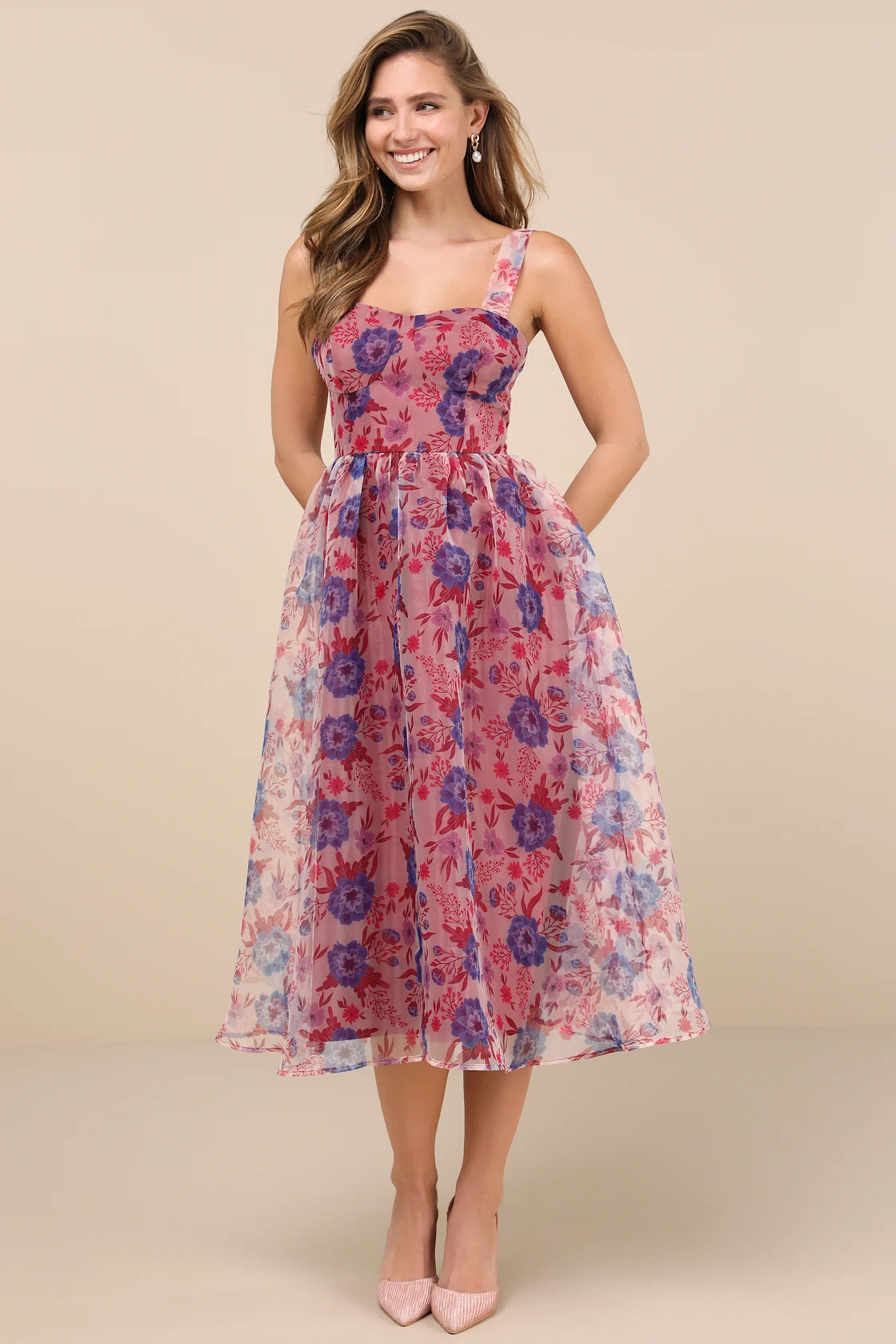 Delightful Look Magenta Floral Print Bustier Midi Skater Dress