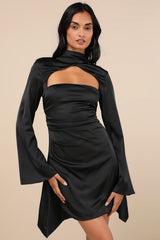 Sultry Elevation Dark Teal Satin Long Sleeve Cutout Mini Dress