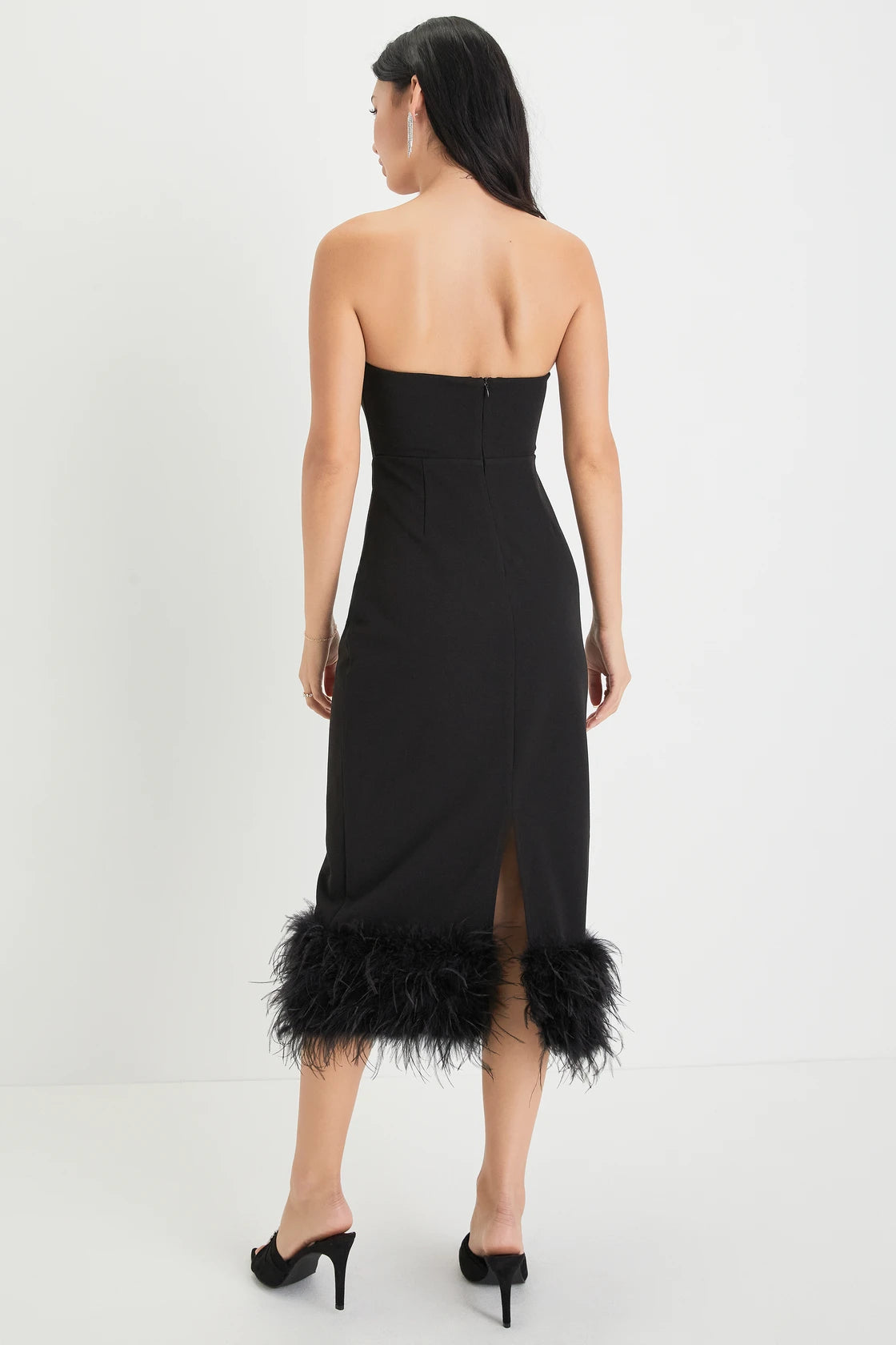 Fancy Behavior Black Bustier Strapless Feather Midi Dress