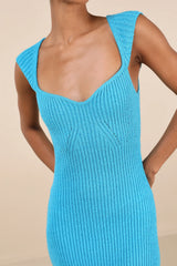 Chiara Turquoise Ribbed Knit Cap Sleeve Midi Dress