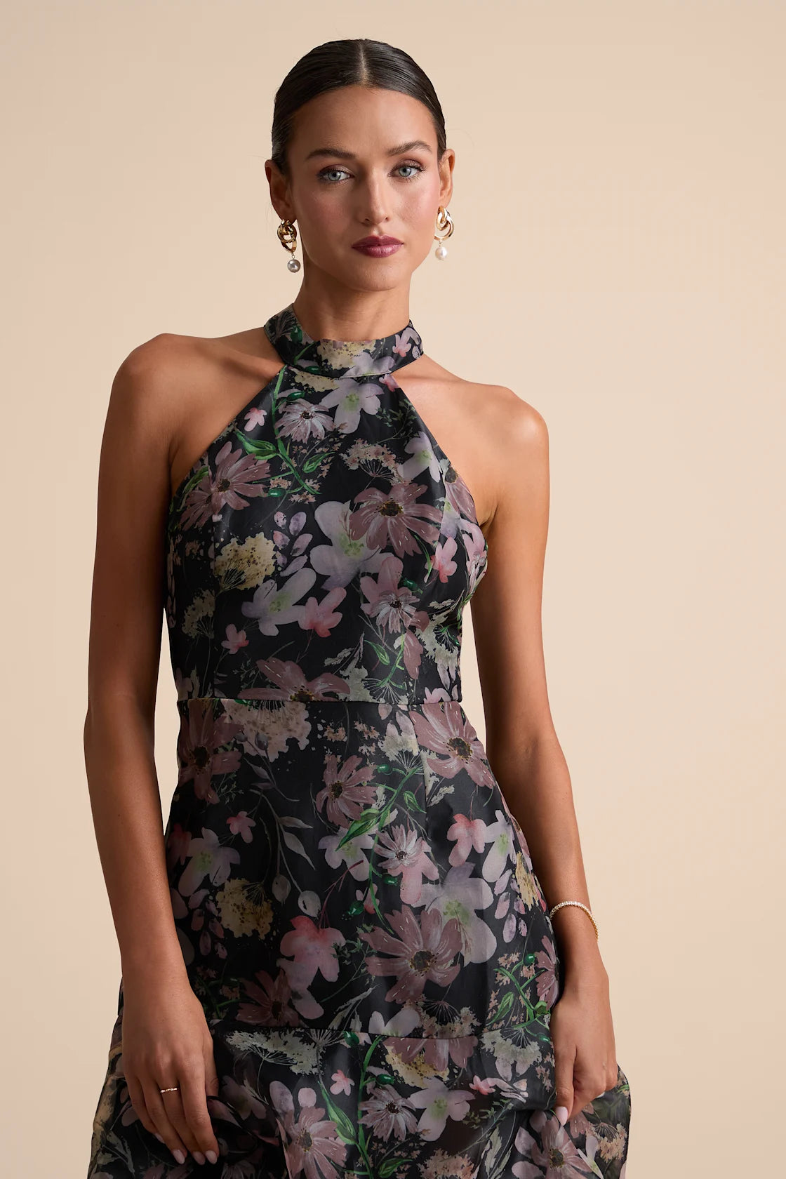 Forever Exceptional Black Floral Halter Organza Maxi Dress