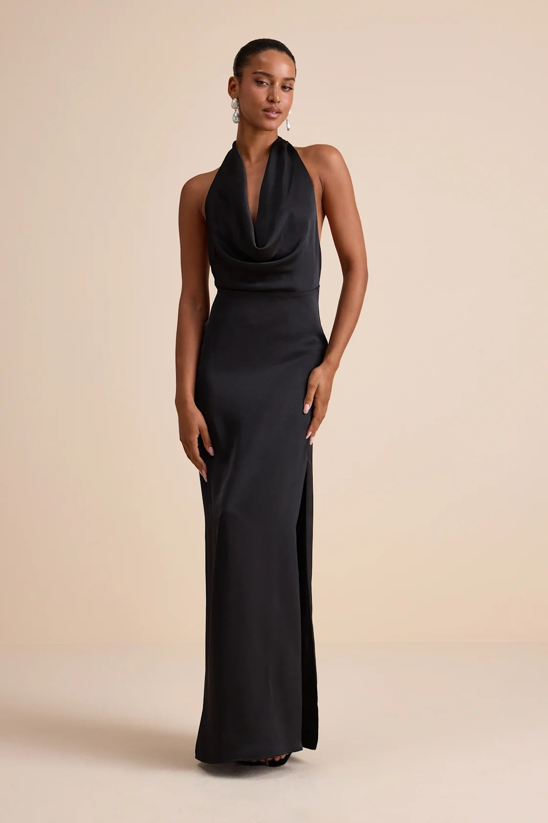 Carmelo Blue Satin Halter Neck Backless Maxi Dress