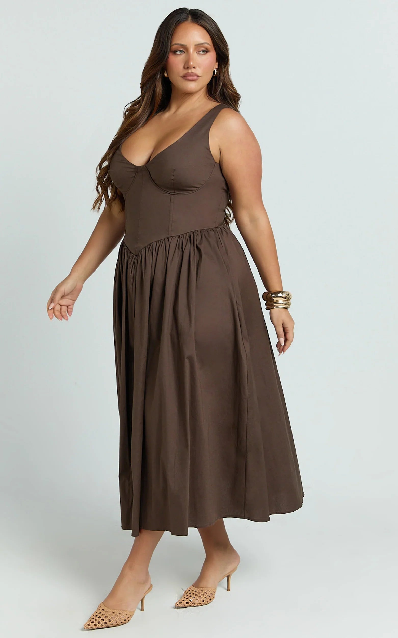 Beckett Midi Dress - Scoop Neck Drop V Waist Gathered Skirt Dress in Dark Chocolate