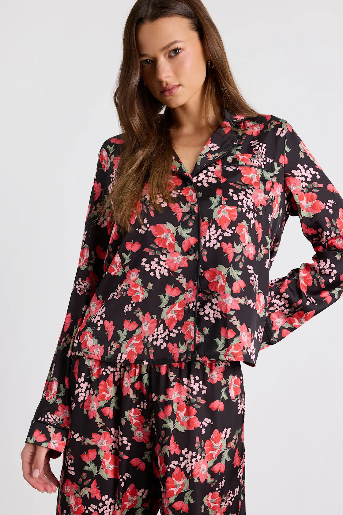 Galette Cream Multi Floral Satin Two-Piece Pajama Set