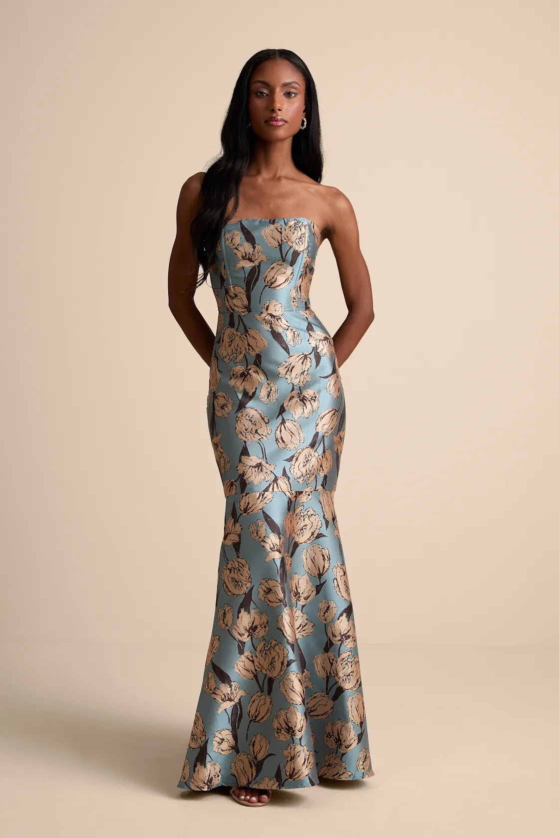 Gowning Around Mauve Floral Jacquard Strapless Maxi Dress