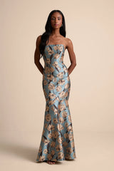 Gowning Around Mauve Floral Jacquard Strapless Maxi Dress