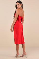Luxe Crush Red Satin Rhinestone Bow Strapless Midi Dress