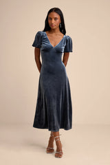 Obrissa Emerald Velvet Puff Sleeve Tie-Back Midi Dress