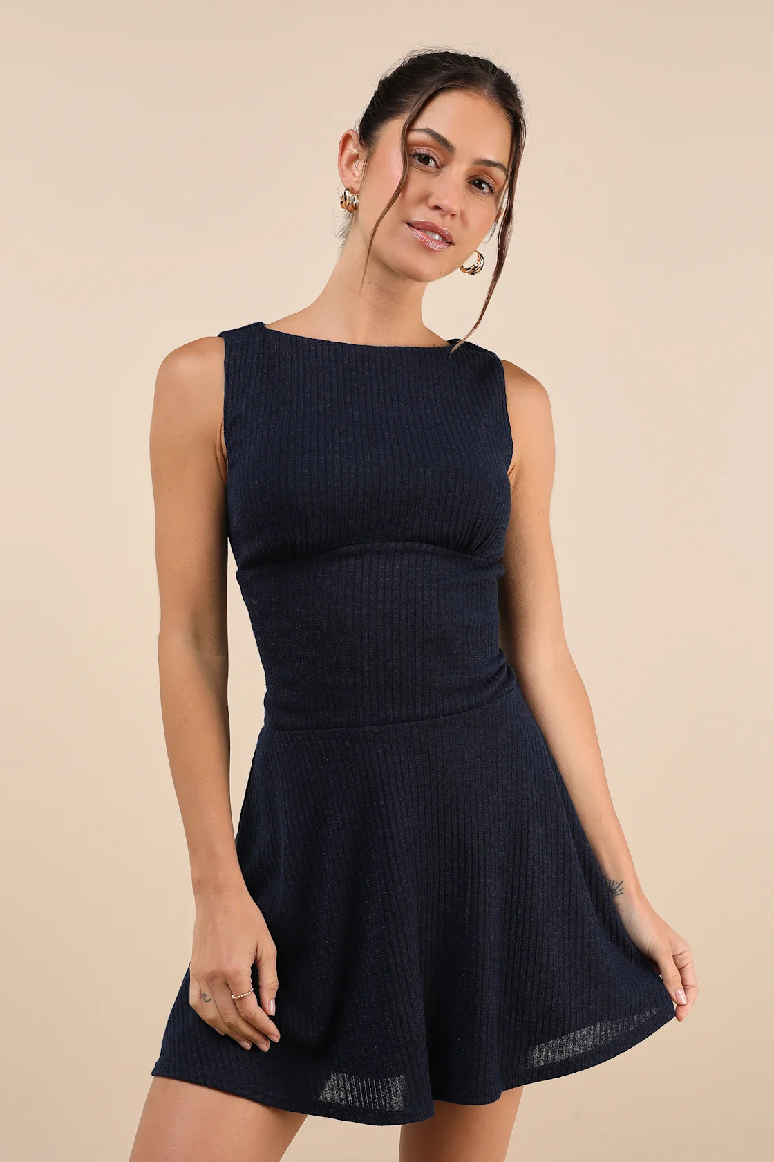 Modern Moves Navy Blue Ribbed Knit Sleeveless Mini Dress