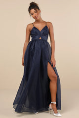 Authentic Glamour Navy Organza Sleeveless Cutout Maxi Dress