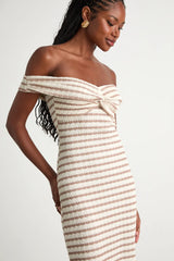 Baia Ivory and Taupe Striped Off-the-Shoulder Midi Dress