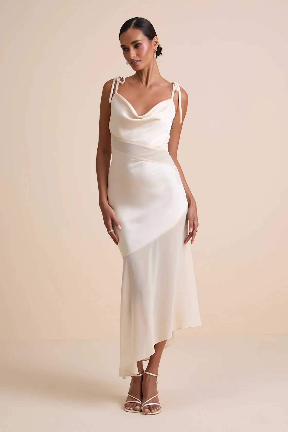 Enara Cream Satin Mesh Tie-Strap Asymmetrical Midi Dress