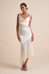 Enara Cream Satin Mesh Tie-Strap Asymmetrical Midi Dress
