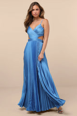 Got the Glam Blue Pleated Cutout Maxi Dress