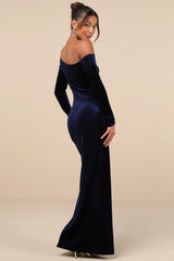 Notorious Icon Navy Blue Velvet Asymmetrical Maxi Dress