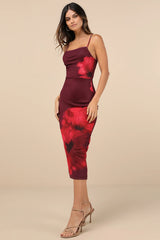 Jaela Burgundy Floral Mesh Sleeveless Bodycon Midi Dress