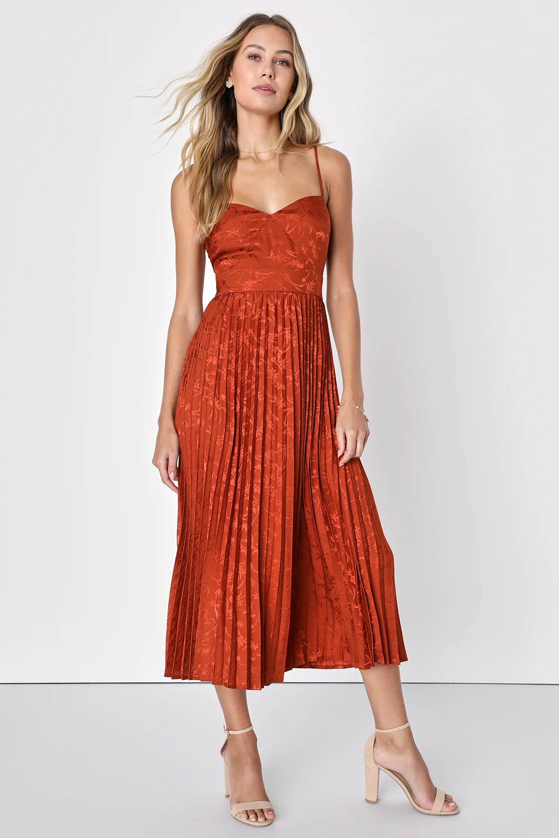Regal Romance Black Floral Jacquard Pleated Satin Midi Dress