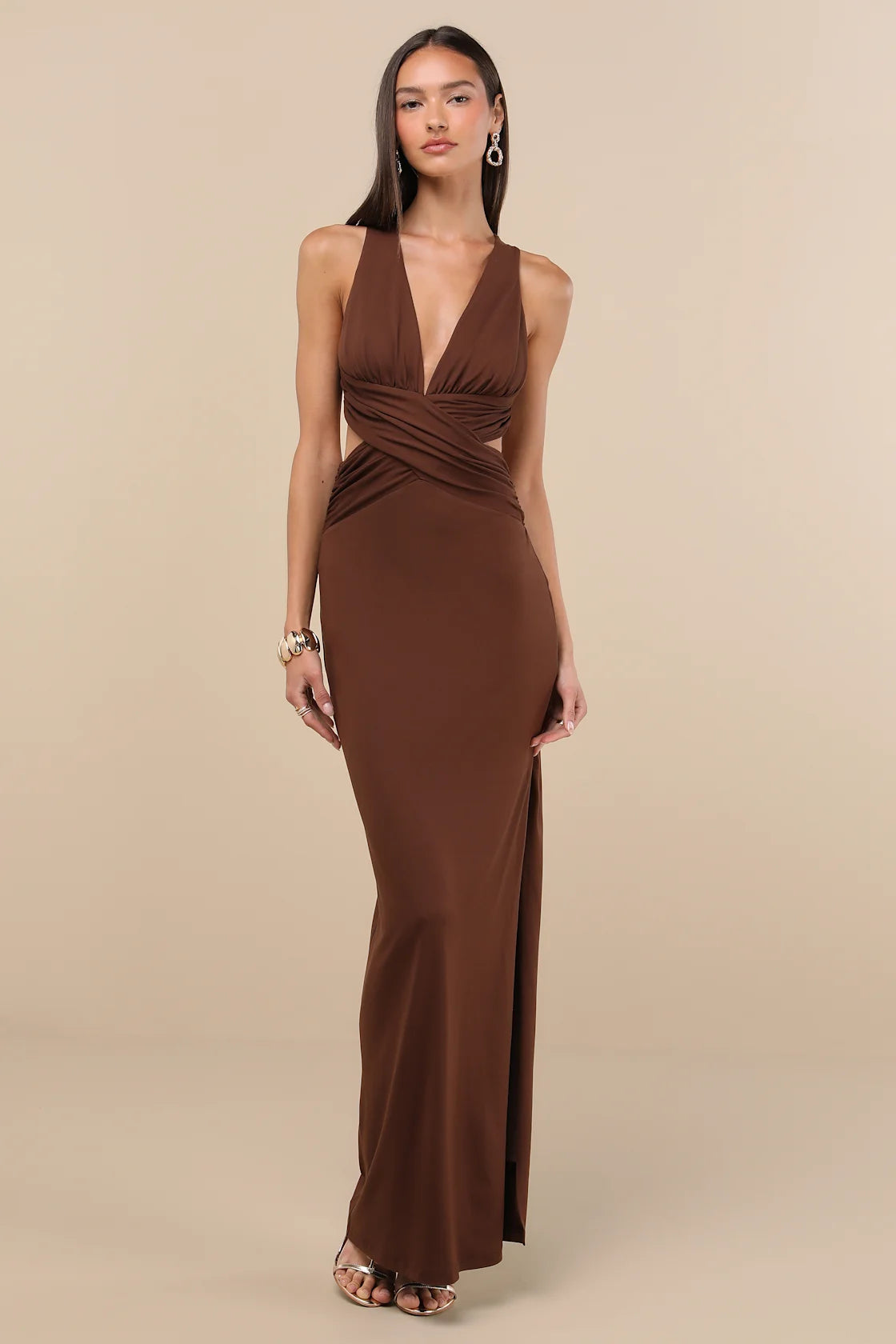 Alexandria Brown Backless Column Maxi Dress