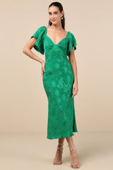 Effervescent Afternoon Green Satin Flutter Sleeve Midi Dress