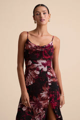 Flowery Passion Burgundy Floral Print Cowl Neck Midi Dress