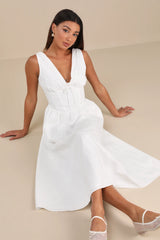 Lettie White Poplin Plunge Neck Midi Dress