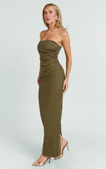 Jamie Maxi Dress - Strapless Ruched Fitted Column Dress in Olive