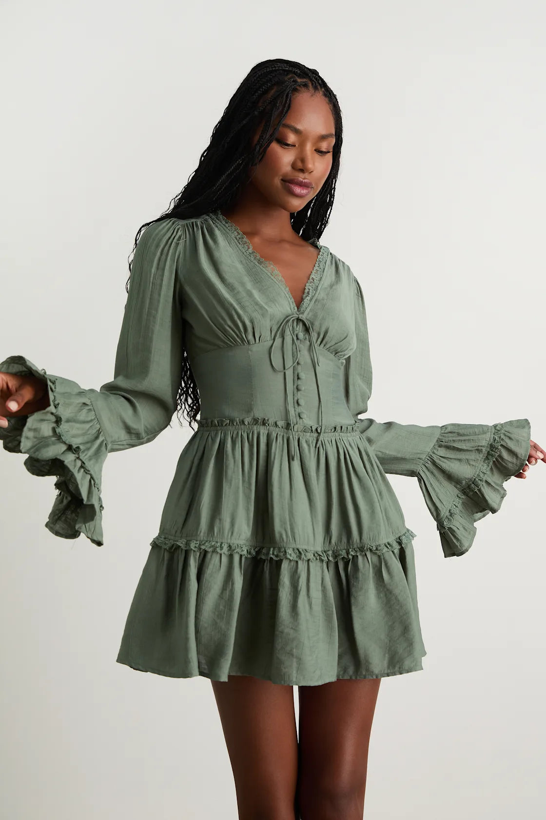 Ayaana Brown Long Sleeve Tiered Mini Dress