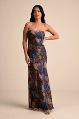 Artemisia Brown Multi Floral Strapless Bow Maxi Dress
