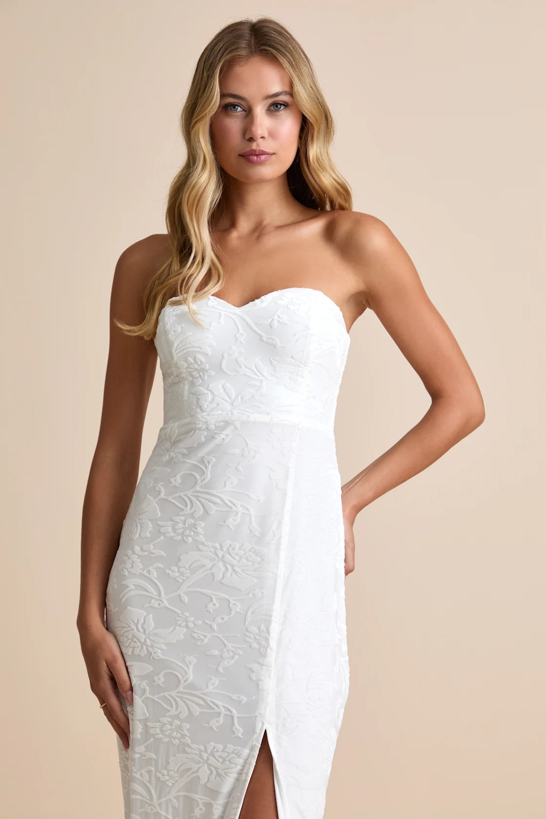 Exquisite White Velvet Burnout Strapless Maxi Dress