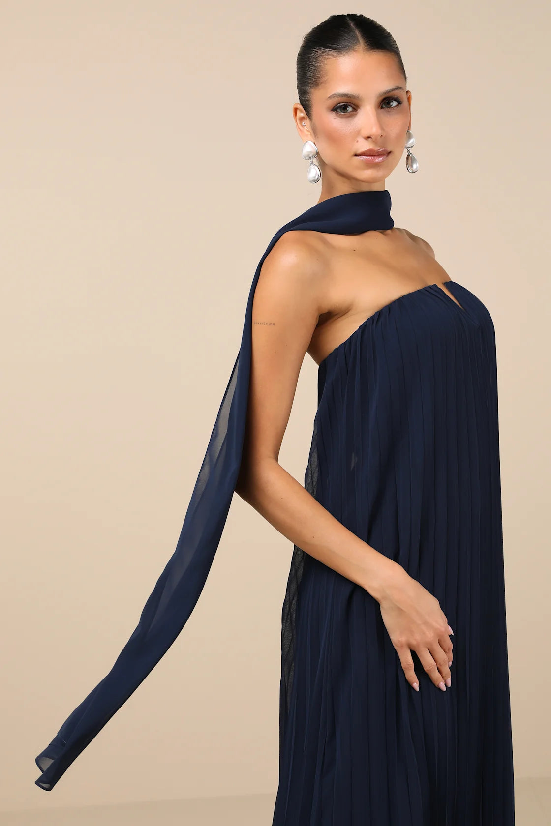 Lael Dark Red Pleated Strapless Dress and Scarf Set